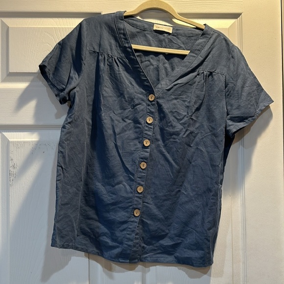Grae Cove Libby Navy Relaxed Linen Button Front Top L - Picture 2 of 7